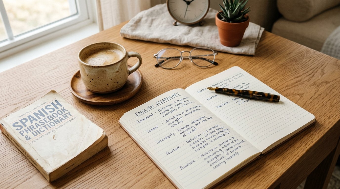 Praktisches Englisch lernen im Alltag Praktisches Englisch für den Alltag: Schreibtisch mit Vokabelbuch, Kaffeetasse und Notizen für effektives Englischlernen